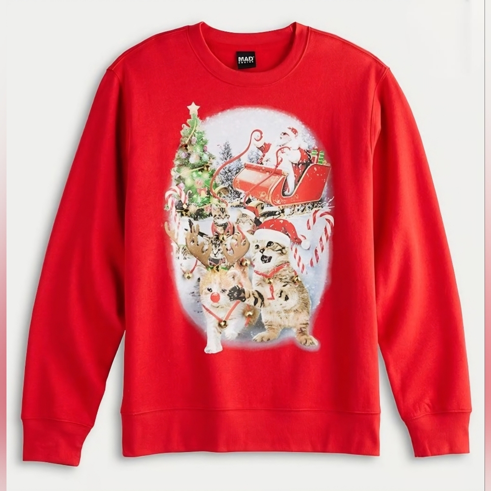 MAD Engine Festive Holiday  Jingle Bell Cat Red Christmas Sweater – Size S (NWT)